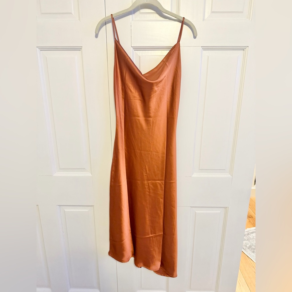 Petal & Pup Cyprus Rust Satin Midi Dress Size 2 Cowl Neck Slip Wedding Guest — image 2 of 8